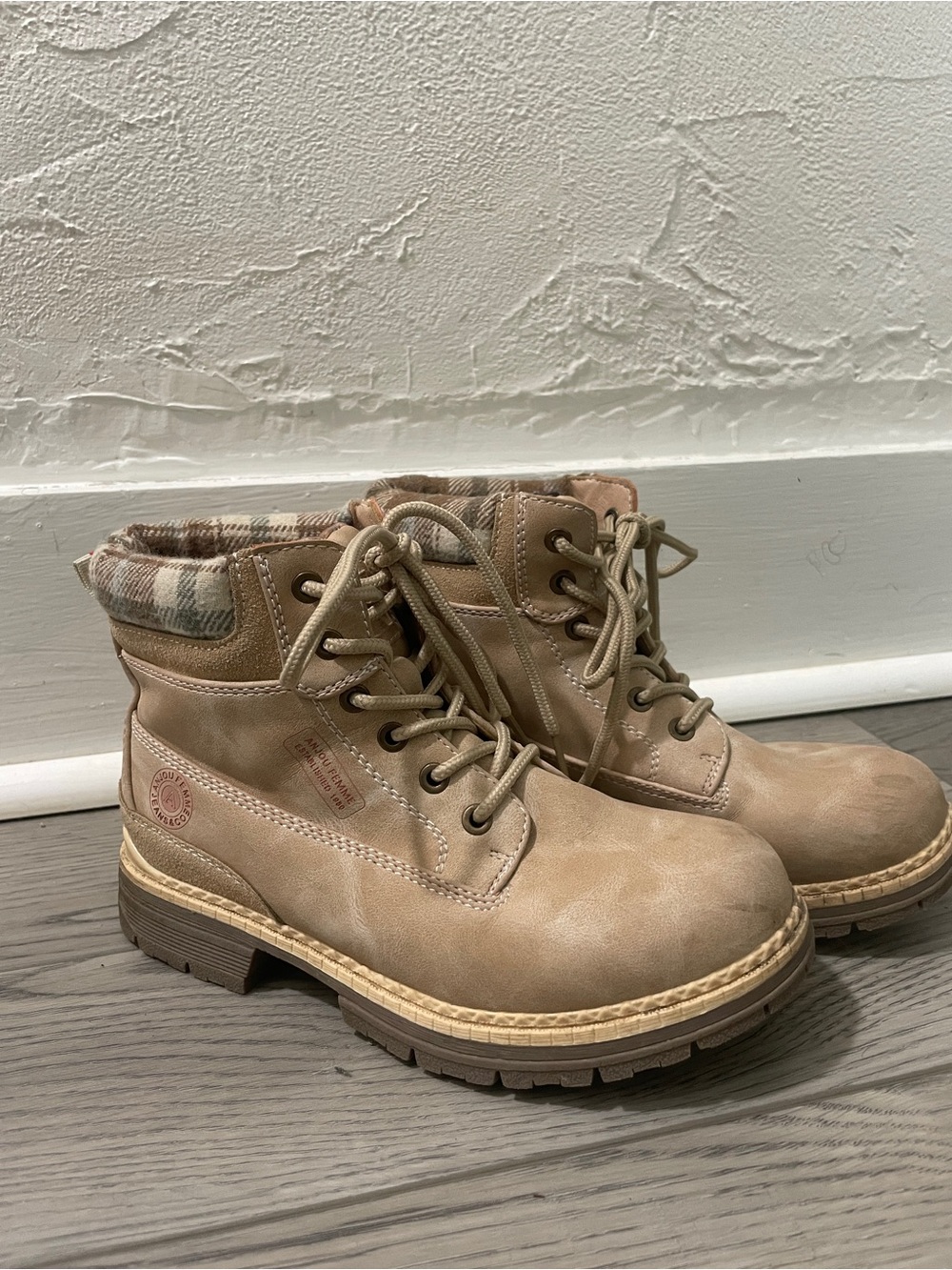 Tan Lace-Up Ankle Boots with Plaid Collar
